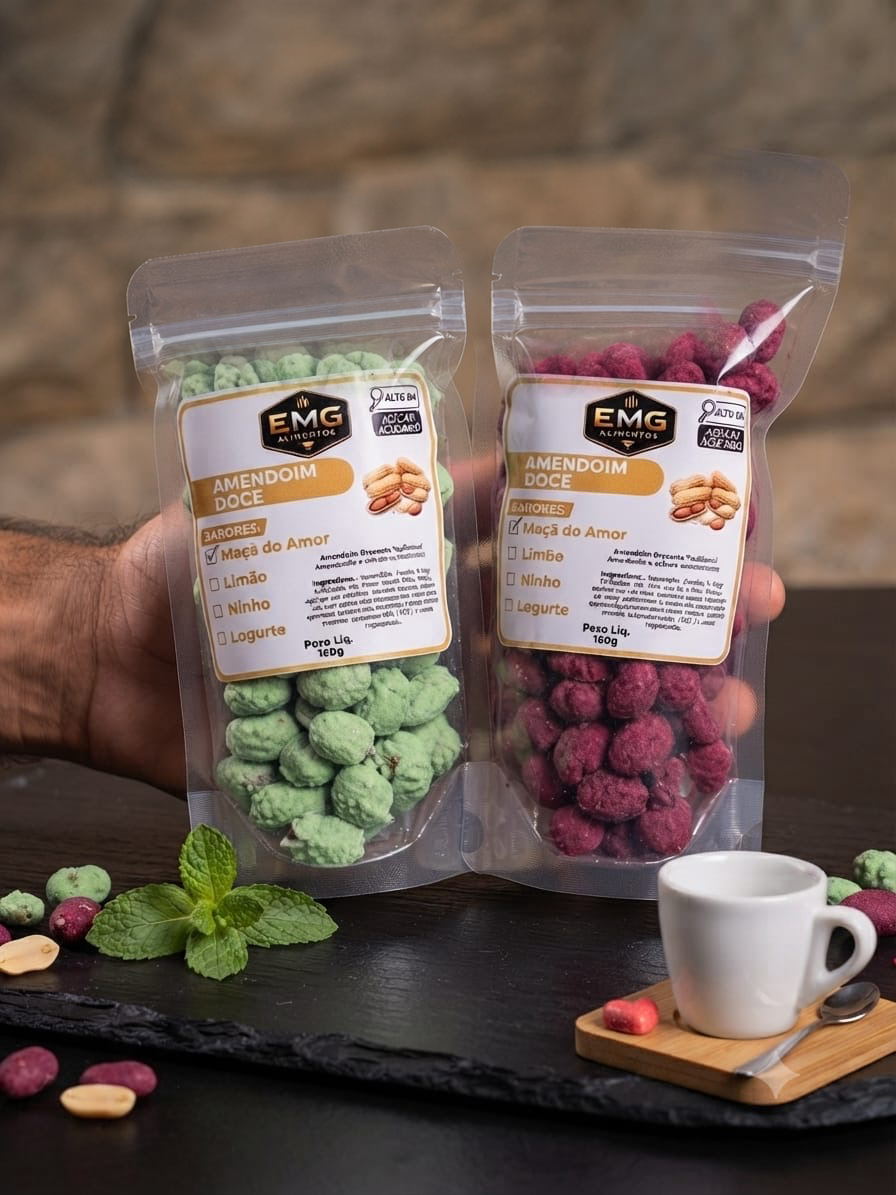 Embalagens de amendoim doce EMG, sabores Limão e Maçã do Amor